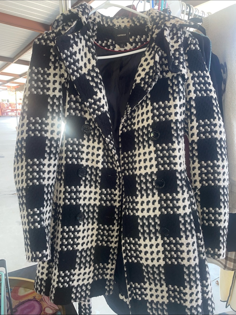Express Black & White Houndstooth Double-Breasted Pea Coat